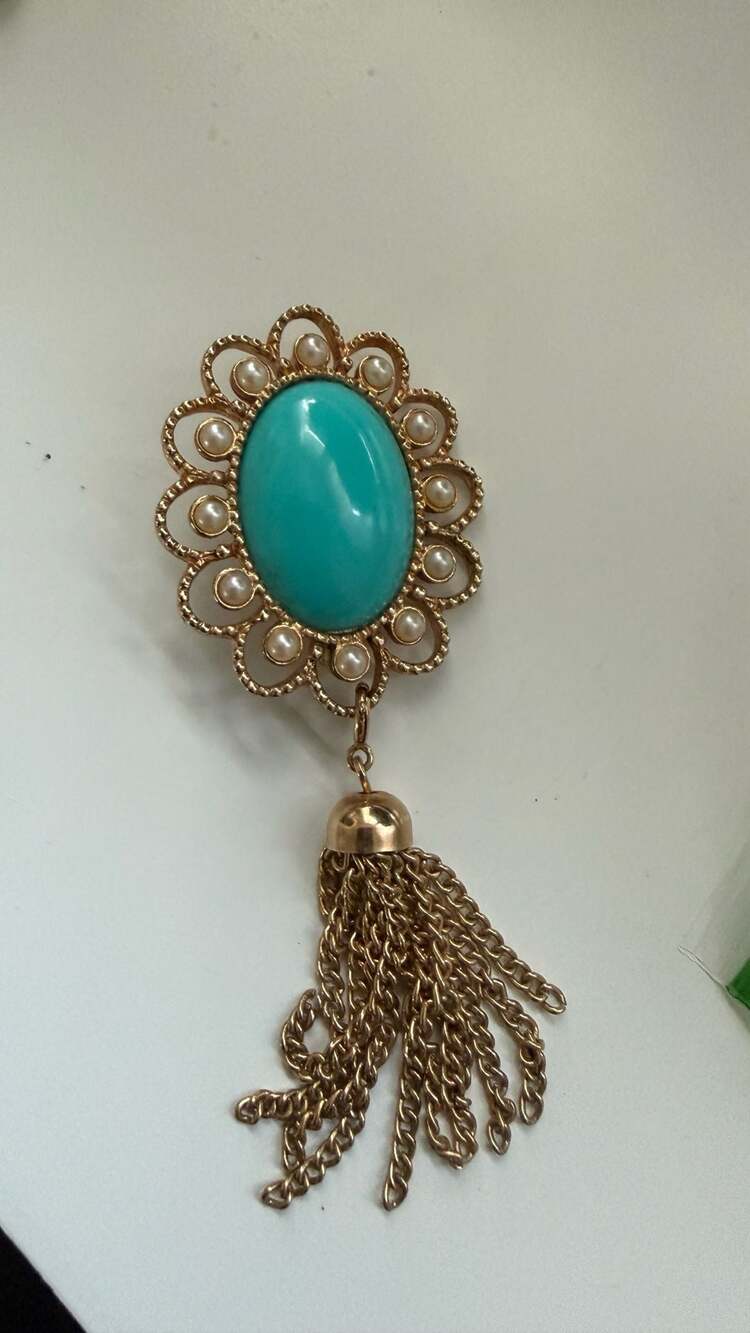Vintage Sarah Coventry Turquoise Cabochon and Faux Pearl Tassel Brooch